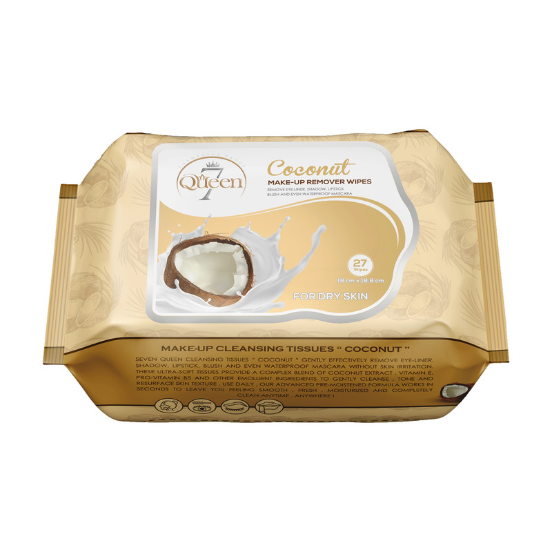 دستمال مرطوب صورت کویین Queen مدل Coconut بسته 27 عددی مخصوص پوست نرمال تا چرب